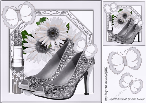 Pretty silver sunflowers and butterflies with shoes 8x8