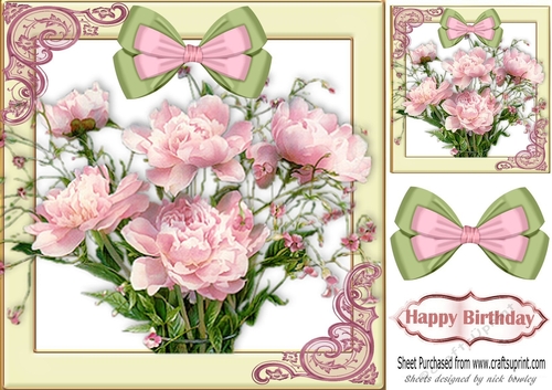 Pretty pink peonies with bow and lace 8x8