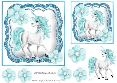 Pretty blue Unicorn with flowers 7x7 with topper