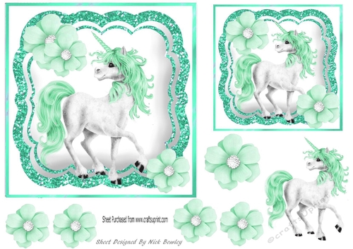 Pretty turq Unicorn with flowers 7x7 with topper