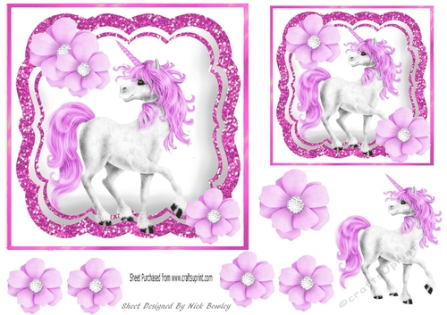 Pretty pink Unicorn with flowers 7x7 with topper