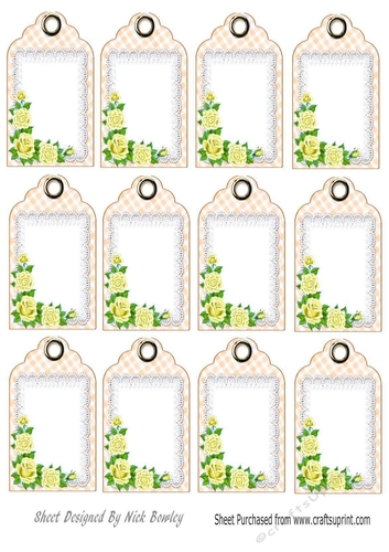Pretty yellow roses on lace tags