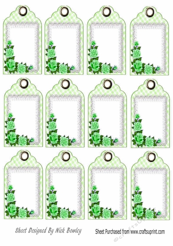 Pretty green roses on lace tags
