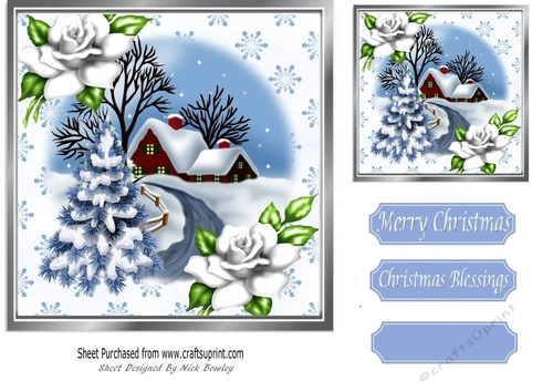 Pretty snow scene shades of blue with roses 7x7