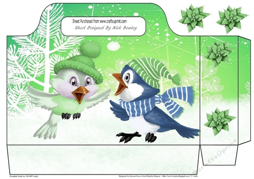 snow blue tote gift bag with winter birds (green)