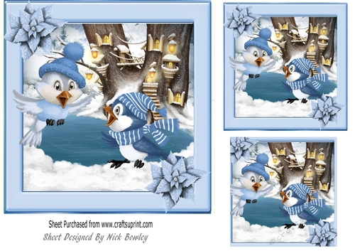 Cute winter birds with snow scene 7x7 card front/topper