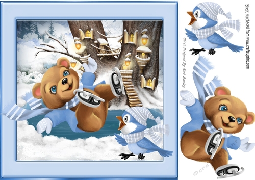 skating teddy on ice with bird snow scene 8x8
