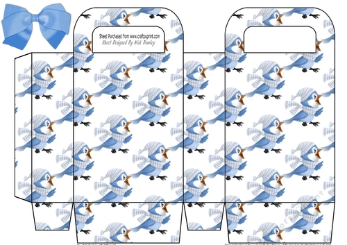 cute little winter blue bird with bow, small gift bag