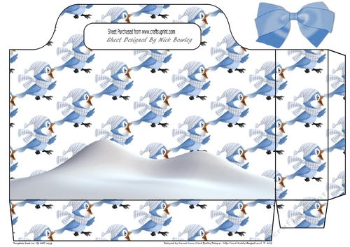 cute little winter blue bird with bow and snow, tote gift bag