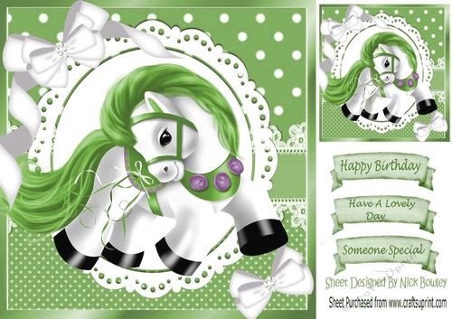 Pretty pony with green polkadot 8x8 card front