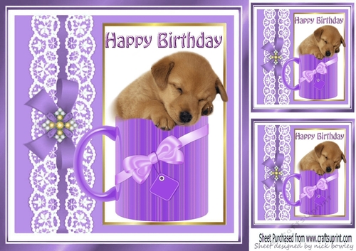 Cute little puppy sleeping in a mug with purple bow 8x8