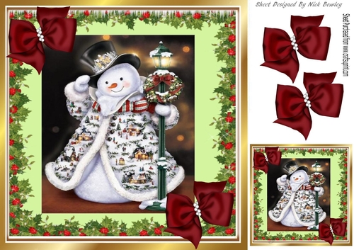 Vintage snowman with red bows and holly 8x8