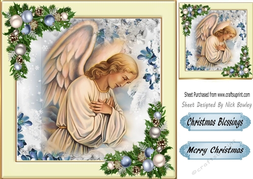 Christmas Angel, with festive baubles and holly 8x8