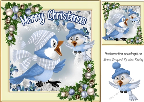 Lovely little blue birds with baubles 8x8