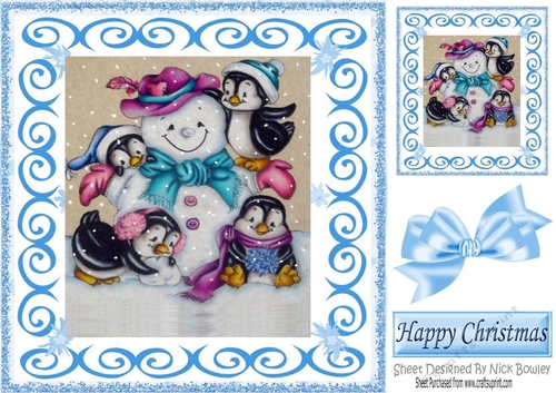 Lovely snowman with playful penguins scroll frame 8x8