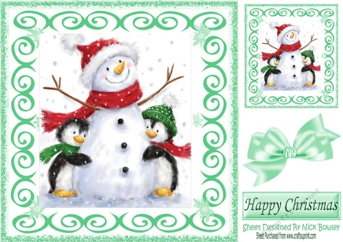 Lovely snowman with cuddle penguins scroll frame 8x8