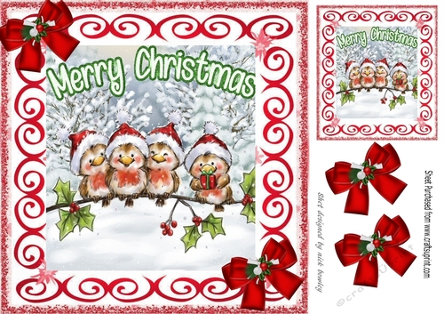 Lovely robins with holly and snow scroll frame 8x8