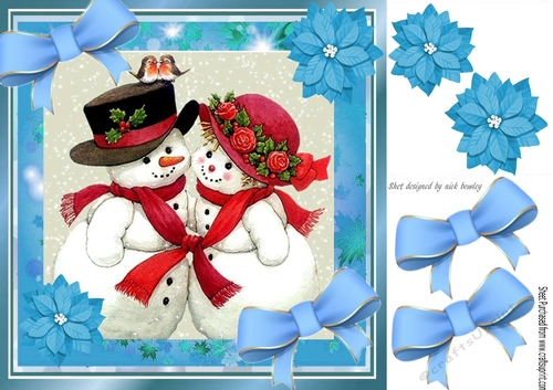 Cute cuddling snowmen with blue bows 8x8