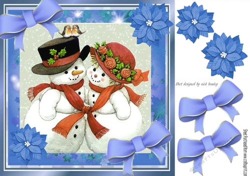 Cute cuddling snowmen with blue bows 8x8 (two)