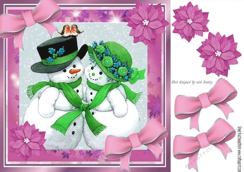  cute snowman cuddling with pink bows 8x8