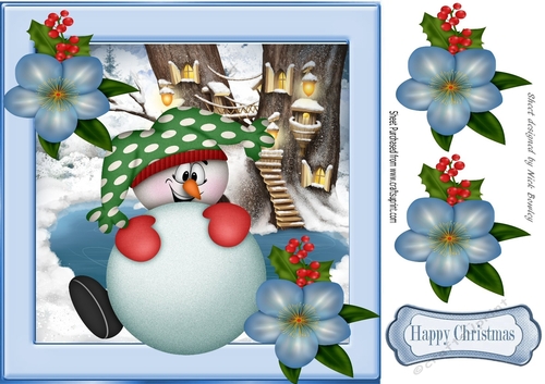 Snowman in christmas scene with flowers 8x8