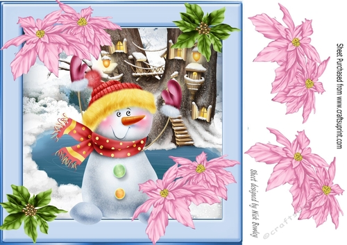 Snowman in christmas scene with poinsettias (one) 8x8