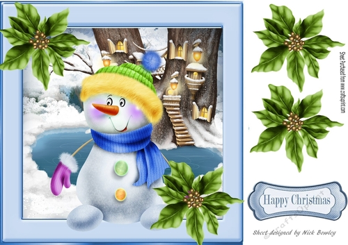 Snowman in christmas scene with green poinsettias (two) 8x8