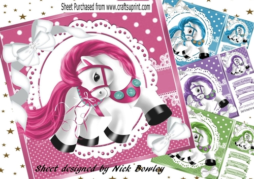 4 Pretty coloured ponies with white bows 8x8 card fronts mini kit