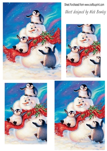Penguins playing with a snowman pyramids