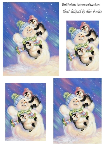 Penguins with a snowman playing, pyramids