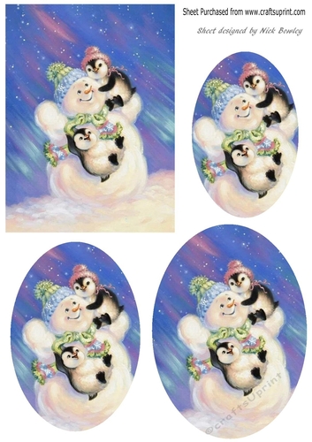 Penguins with a snowman playing oval pyramids