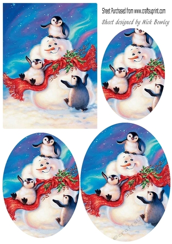 Penguins playing with a snowman oval pyramids