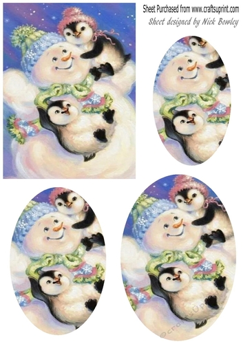 snowman cuddles with penguins oval pyramids