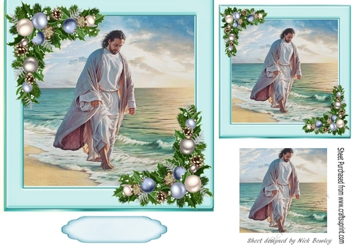 Jesus walking in the blue  sea with blue baubles card fronts
