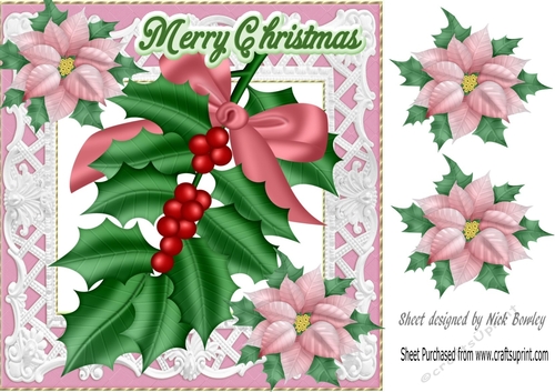 Pretty holly with pink bow/lace and poinsettias 8x8