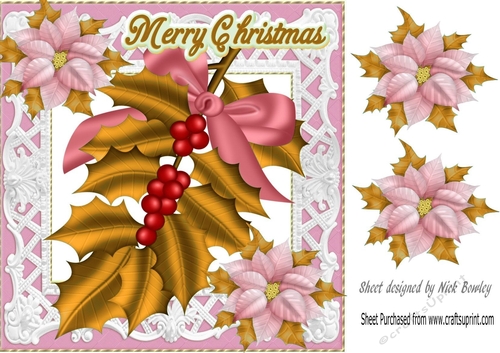 Pretty gold holly with bow/lace and poinsettias 8x8