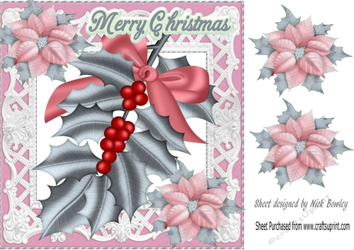 Pretty silver holly with bow/lace and poinsettias 8x8