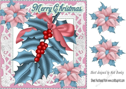Pretty blue holly with bow/lace and poinsettias 8x8