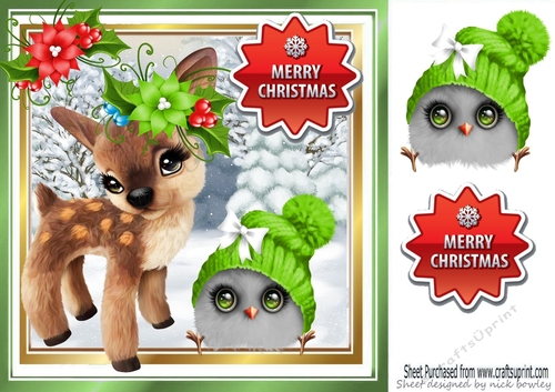 Sweet little deer with owl and poinsettia 8x8