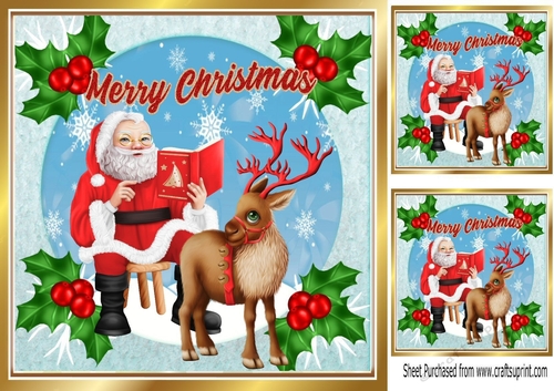 Santa with rudolph and holly 8x8
