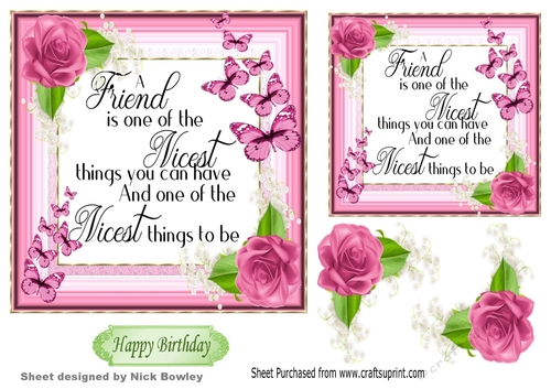 Pretty FRIENDSHIP verse with pink roses and butterflies 7x7