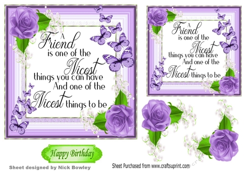 Pretty FRIENDSHIP verse with purple roses and butterflies 7x7