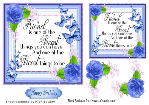 Pretty FRIENDSHIP verse with blue roses and butterflies 7x7