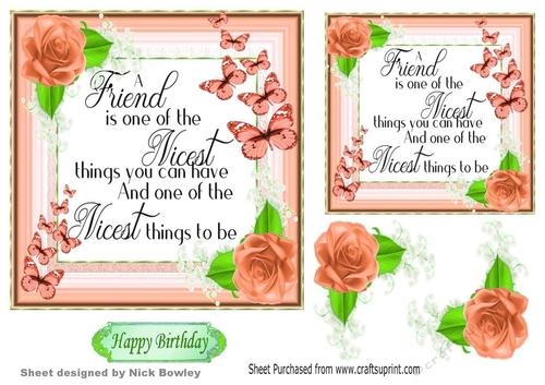 Pretty FRIENDSHIP verse with peach roses and butterflies 7x7
