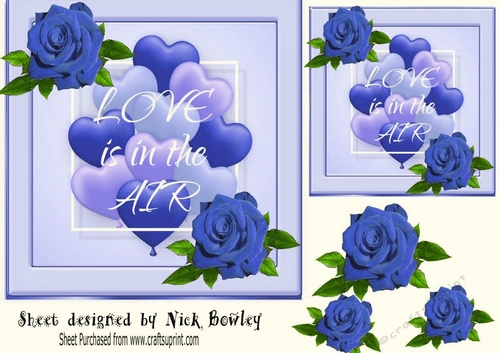 Pretty Blue Roses & Valentine Hearts 7x7