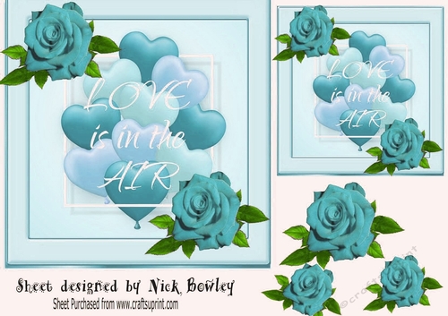 Pretty Turq Roses & Valentine Hearts 7x7