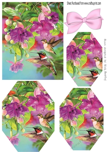 Pretty humming birds with flowers hexagon pyramids 