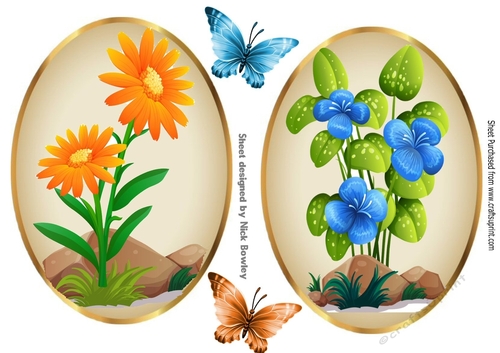 two pretty flower with rocks toppers orange and blue with butterflies
