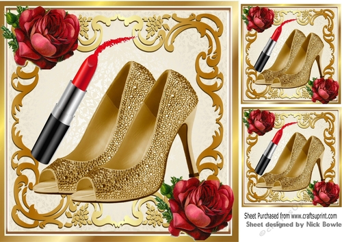 Pretty gold shoes with ladies accessories  red roses 8x8