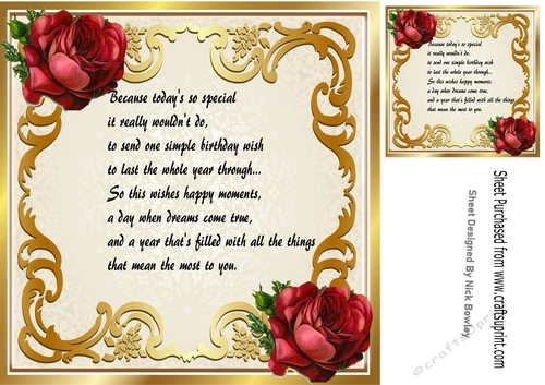 Pretty red roses with verse card front/insert 8x8